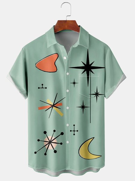 

Men's Geometric Print Casual Short Sleeve Hawaiian Shirt with Chest Pocket, Green, Men's Floral shirt