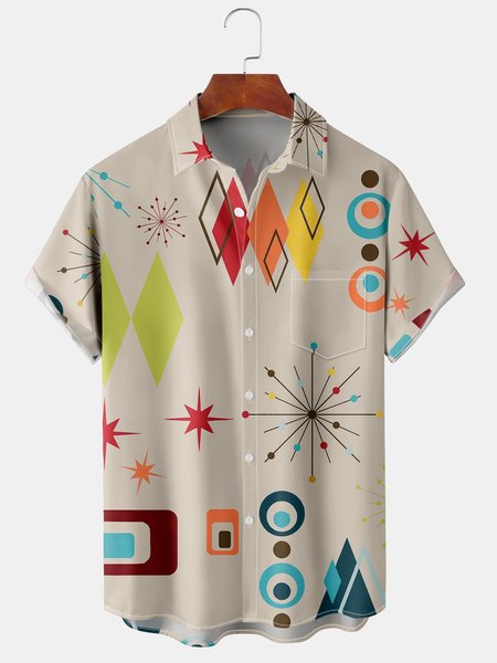 

Men's Geometric Print Casual Short Sleeve Hawaiian Shirt with Chest Pocket, Khaki, Men's Floral shirt