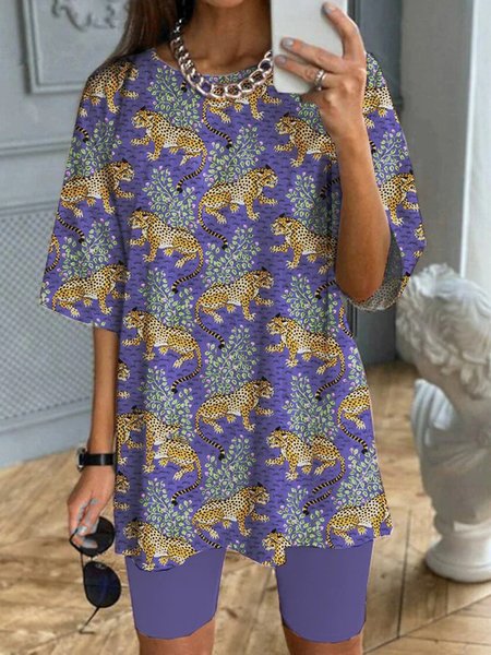 Casual Animal leopard Two Piece Sets, Purple, Suit Set