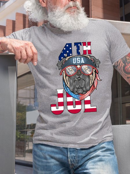 

4th of July Independence Day Dog Print Crew Neck T-Shirt, Light gray, T-shirts
