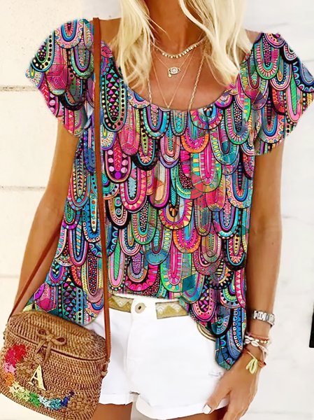 

Geometric Casual Crew Neck Tops, Multicolor, Shirts & Blouses