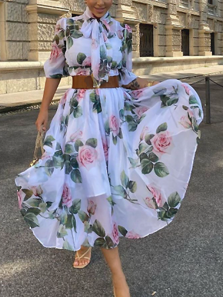 

Summer Lightweight Romantic Tie Neck Floral Fit and FlareX Dresses, White, Maxi Dresses