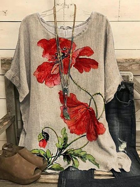 

JFN Crew Neck Floral Casual Red Flower Batwing Sleeve Slit Tops, Khaki, Shirts & Blouses