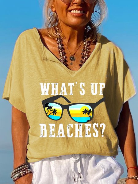 

What's up Beaches Funny Beach Family Vacation V-neck T-Shirt, Yellow, T-shirts