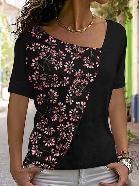 

Loosen Floral Asymmetrical Neck T-Shirt, Black, T-Shirts