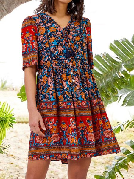 

V Neck Floral Casual Loosen Dresses, Red-blue, Dresses