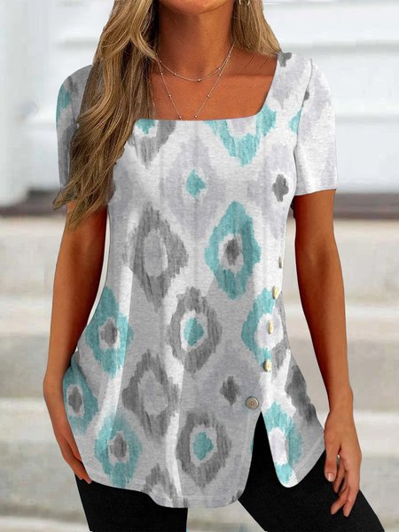

Square Neck Geometric Buttoned T-Shirt, Multicolor, T-Shirts