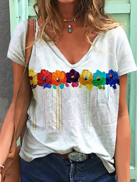 

Women's Short Sleeve Tee T-shirt Summer Floral Jersey V Neck Beach Going Out Casual Top White, T-Shirts