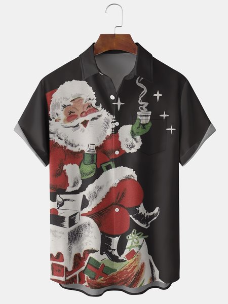 

Men's Santa Print Casual Breathable Short Sleeve Shirt, Black, Men's Floral shirt