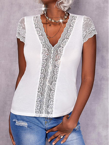 

Casual Lace Regular Fit Solid Tops, White, Tunics