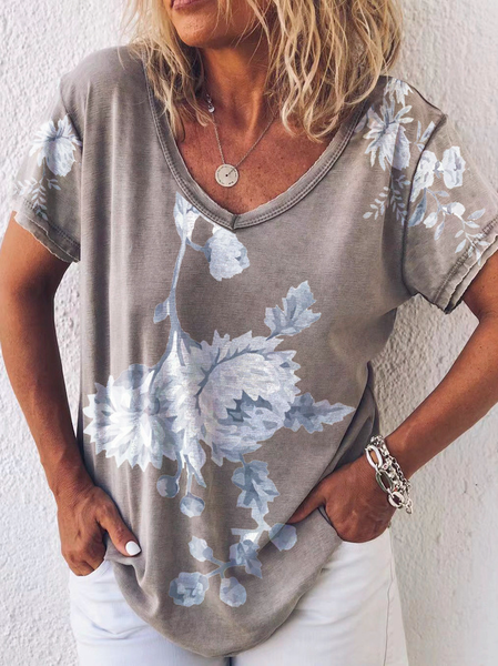 

Vacation V Neck Floral Tops, Khaki, T-Shirts