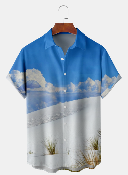 

Resort Style Hawaii Series Gradient Sky Scenery Element Pattern Lapel Short-Sleeved Shirt Print Top, Blue, Men's Floral shirt