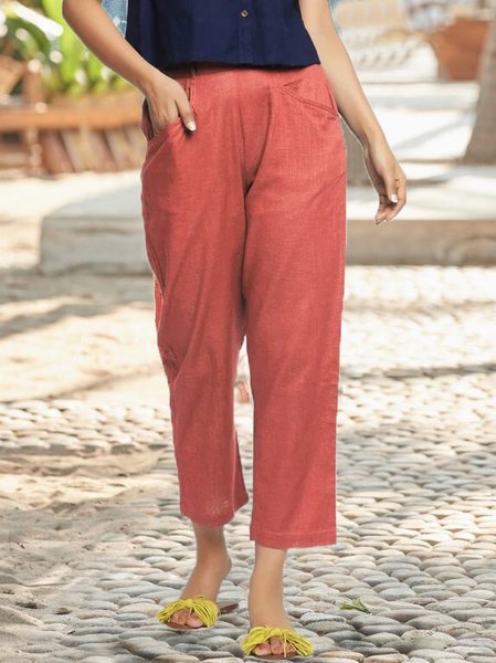 

Elastic Waist Casual Solid Pants, Brick red, Pants