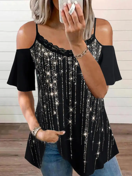 

Casual Printed V Neck Regular Fit Tops, Black, Shirts & Blouses