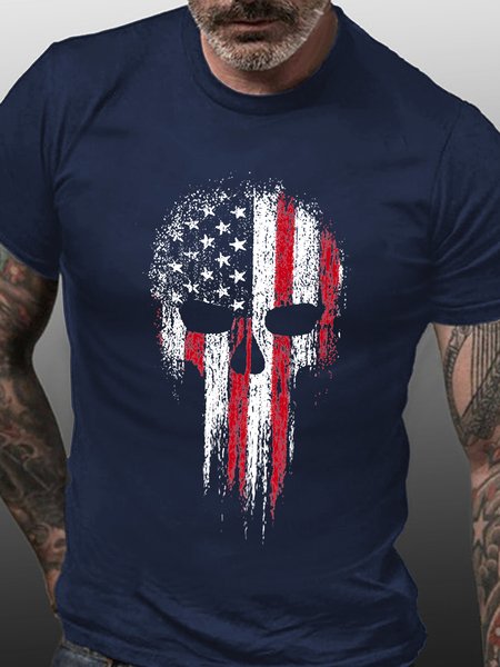 

American Flag Skull Print Crew Neck T-Shirt, Purplish blue, T-shirts