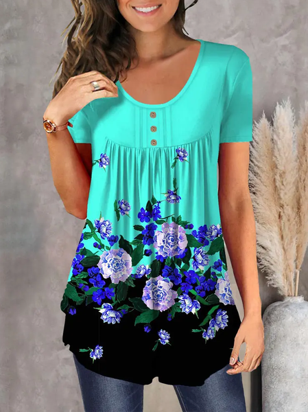 

Floral Print Ruched Detail Flowy T-shirt, Multicolor, Shirts & Blouses