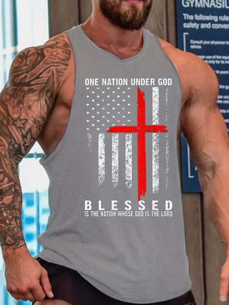 

One Nation Under God, Blessed Is The Nation Whose God Is The Lord, Casual Sleeveless Tank Top, Gray, Tank Tops