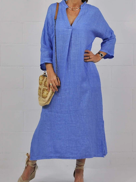 

Loose Plain V Neck Casual Dresses, Blue, Maxi Dresses