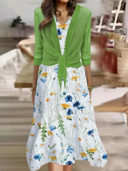 

Boho Regular Fit Cotton Dresses, White-green, Suit Set