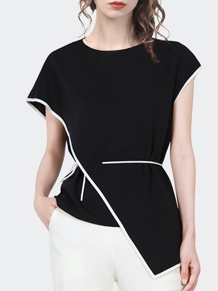 

Crew Neck Elegant Color Block Short Sleeve Top, Black, Tees