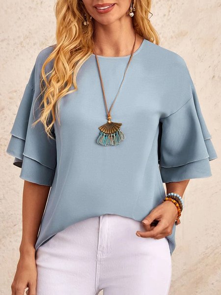 

Romantic holiday Ruffle sleeve blouse T-shirt plus, Blue, T-Shirts