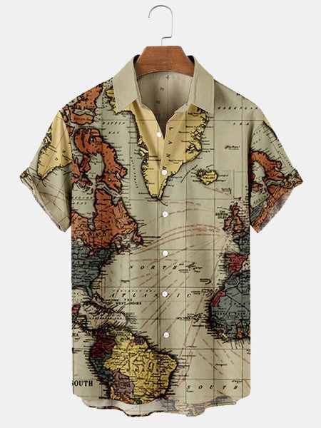 

Mens Vintage Map Print Casual Short Sleeve Shirt, Apricot, Men's Floral shirt