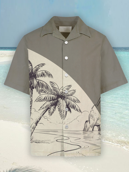 

Cozy Linen Shirt with Cotton Linen Plant Floral Coconut Tree Print, As picture, Men's Floral shirt