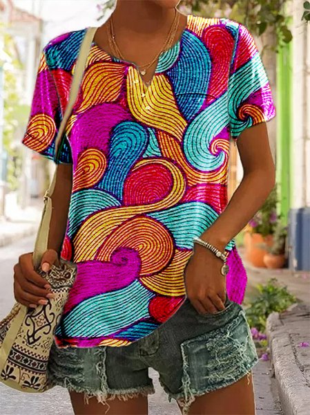 

V Neck Geometric Regular Fit Tops, Multicolor, Shirts & Blouses