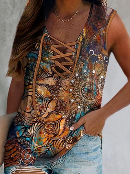 

Boho Cotton Geometric Knit, Brown, Tanks & Camis