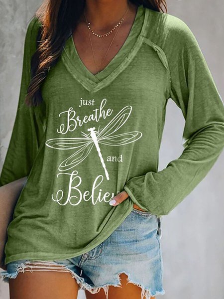 

Just Breathe and Believe Dragonfly Print Casual V-Neck T-Shirts, Green, T-Shirts