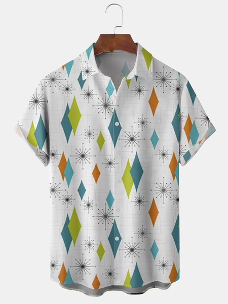 

Mens Geometric Print Casual Short Sleeve Shirt, White, Men's Floral shirt