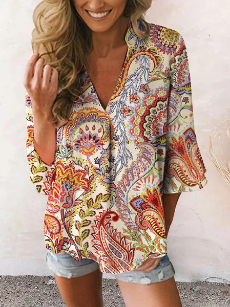 

JFN V Neck Stand Collar Paisley Design Ruflled Sleeves Shirt, Multicolor, Shirts & Blouses