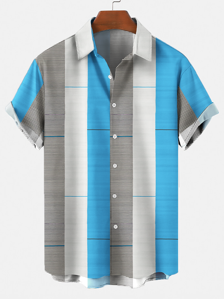 

Casual Art Collection Geometric Stripes Color Block Pattern Lapel Short Sleeve Shirt Print Top, Blue, Men's Floral shirt