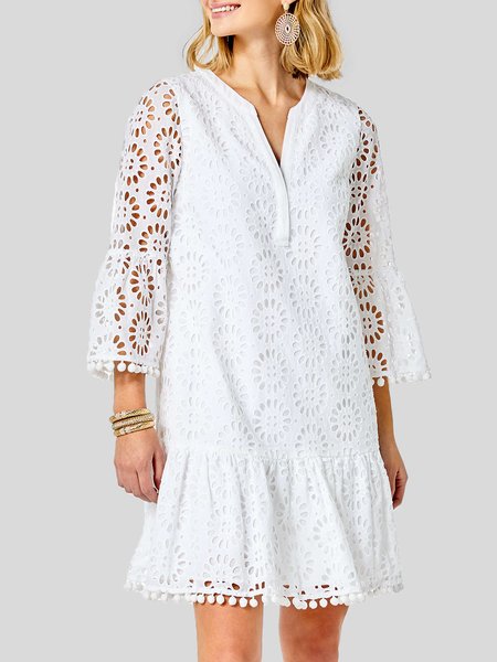 

Holiday Three Quarter A-line V Neck Eyelet Lace Dress, White, Midi Dresses