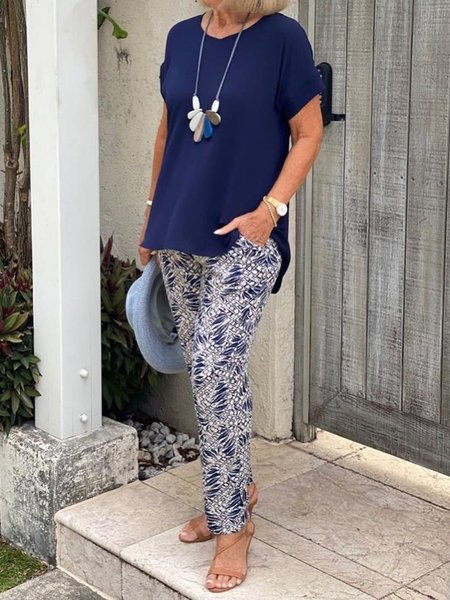 

Top pants holiday contrast two piece suit plus size, Dark blue, Suit Set
