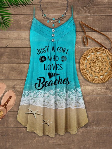 

Ocean Beach starfish letter print suspender a swing elastic holiday short dress Plus Size, Aqua blue, Dresses