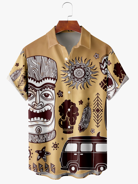 

Men's TIKI Floral Print Casual Fabric Fashion Hawaiian Lapel Short Sleeve Shirt, Light khaki, Men's Floral shirt