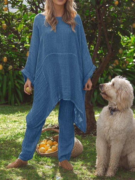 

Cotton leprosy jacket pants texture fabric two piece suit plus size, Blue, Suit Set