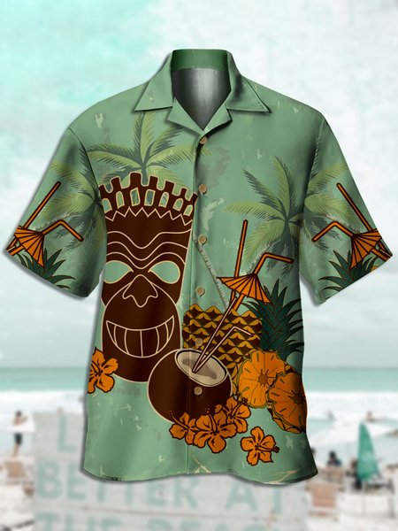 

Men's TIKI Floral Print Casual Fabric Fashion Hawaiian Collar Short Sleeve Shirt, Green, Men's Floral shirt