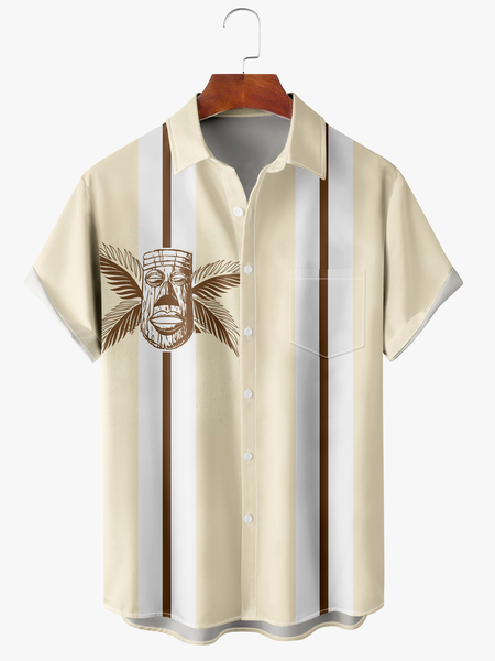 

Men's TIKI Floral Print Casual Fabric Fashion Hawaiian Lapel Short Sleeve Shirt, Light khaki, Men's Floral shirt