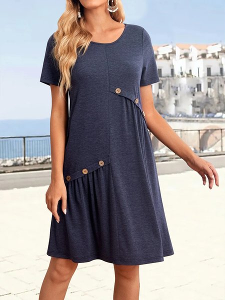 

Plain no pattern button fold a-hem short Dress Plus Size, Deep gray, Dresses