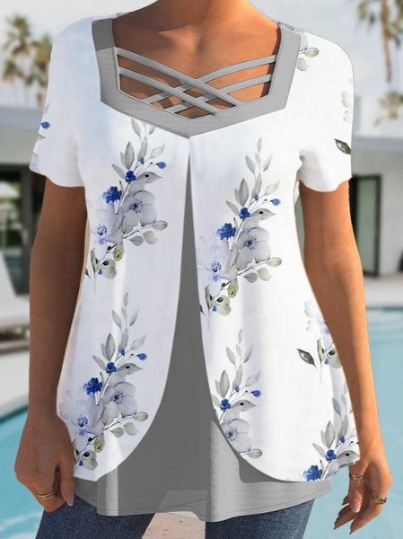 

Floral Loosen U-Neck Casual Tops, Multicolor, Shirts & Blouses