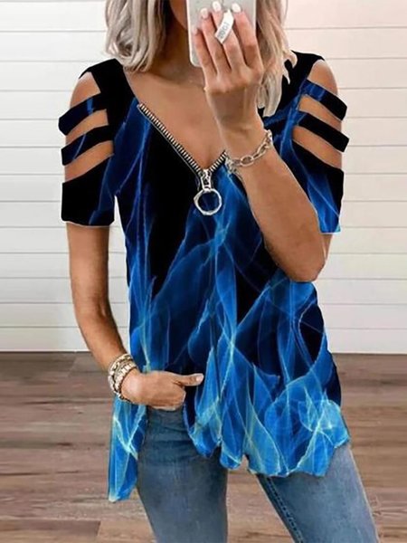 

Casual Ombre Zipper V Neck T-Shirt, Black-blue, Tops