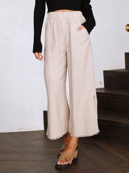 

Plain Elastic Waist Pocket Loose Hem Slit Ninth Pants, Light khaki, Pants