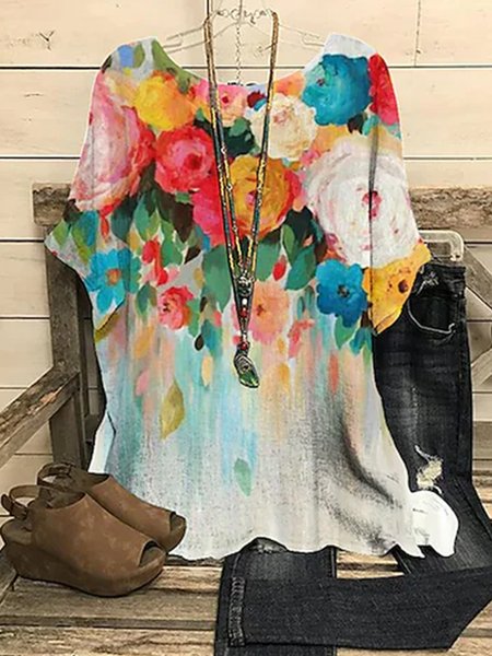 

Loosen Vacation Crew Neck Floral Blouse, Multicolor, Shirts & Blouses