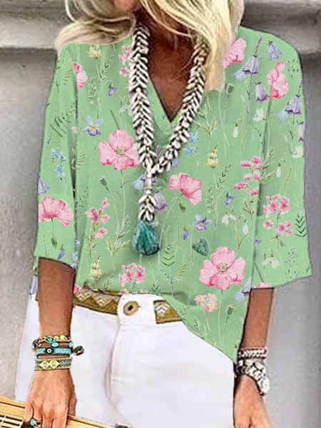 

JFN V Neck Holiday Flower Floral Loose Vacation Casual Top T-Blouse/Tee, Green, Shirts & Blouses