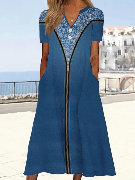 

Vintage denim zip print a hem button loose Long Dress Plus Size, Denim blue, Dresses