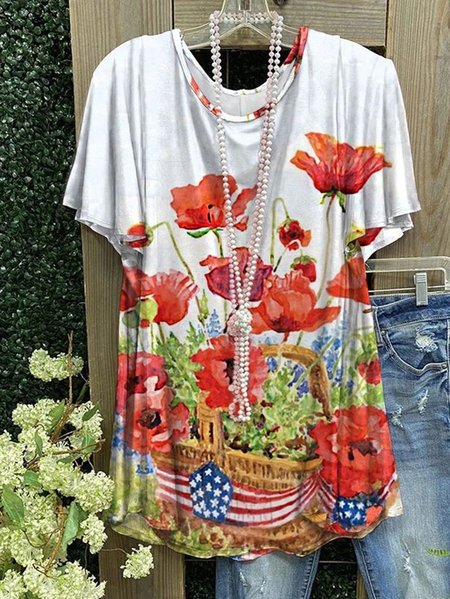 

Casual Loose Doll Sleeve Floral Design T-Shirt, White, T-Shirts