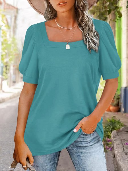 

Puff Sleeve Elegant Square neck T-Shirt, Cyan, T-Shirts