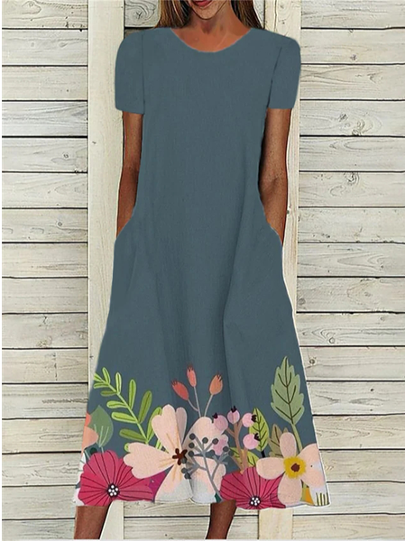 

Floral Casual Crew Neck Loosen Dresses, Blue, Dresses